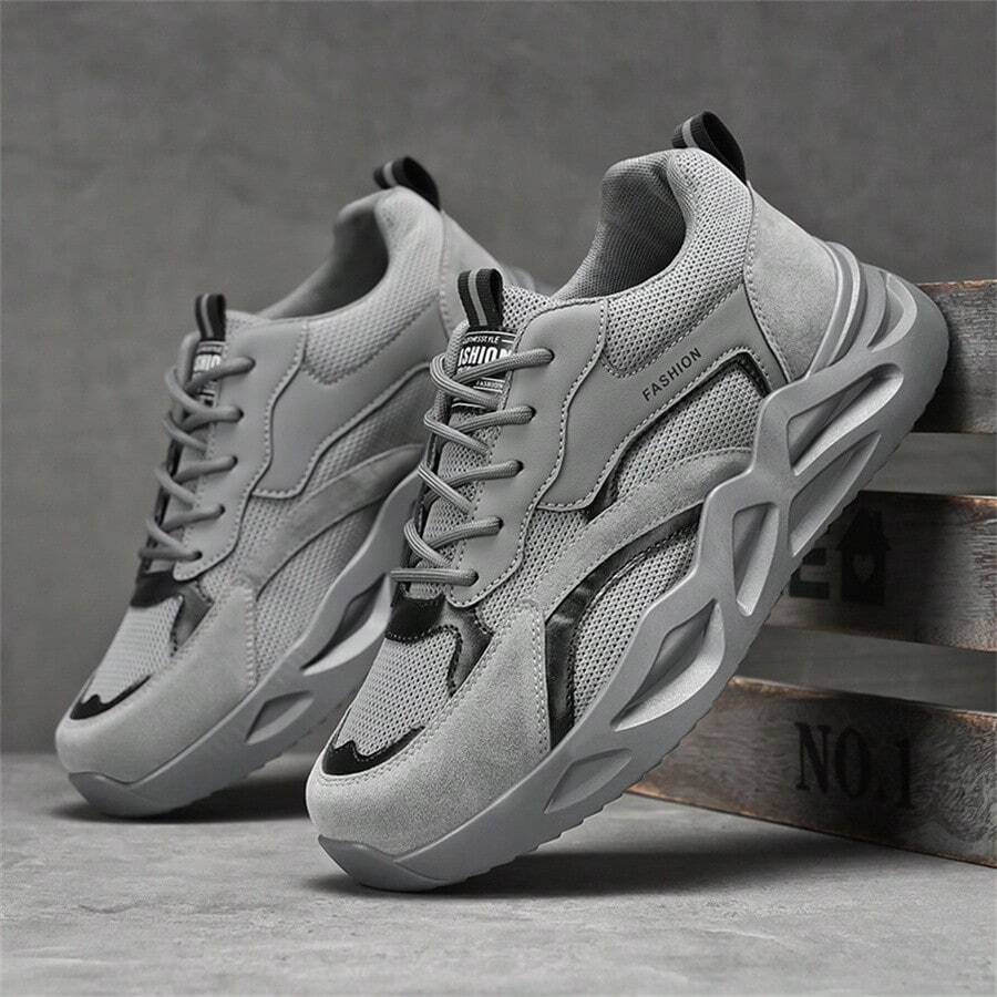 Men's New Breathable Work Safety Shoes, Casual Thick Sole Non-Slip Sneakers, Comfortable Chunky Sneakers - Grey - View 1