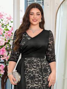 优雅V领花卉蕾丝撞色缎面垂褶侧边正式派对长裙，情人节礼服，舞会晚宴婚礼宾客礼服，毕业典礼、晚宴等场合皆宜。 - 黑色 - 查看 9