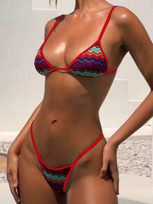 PEPPERMOLLY New Soft Padded Striped Adjustable Strap Sexy Backless Bikini, Summer Beach Fashion Ladies Swimwear Set, Red Trim Multi-Color Swimwear - Red - View 7