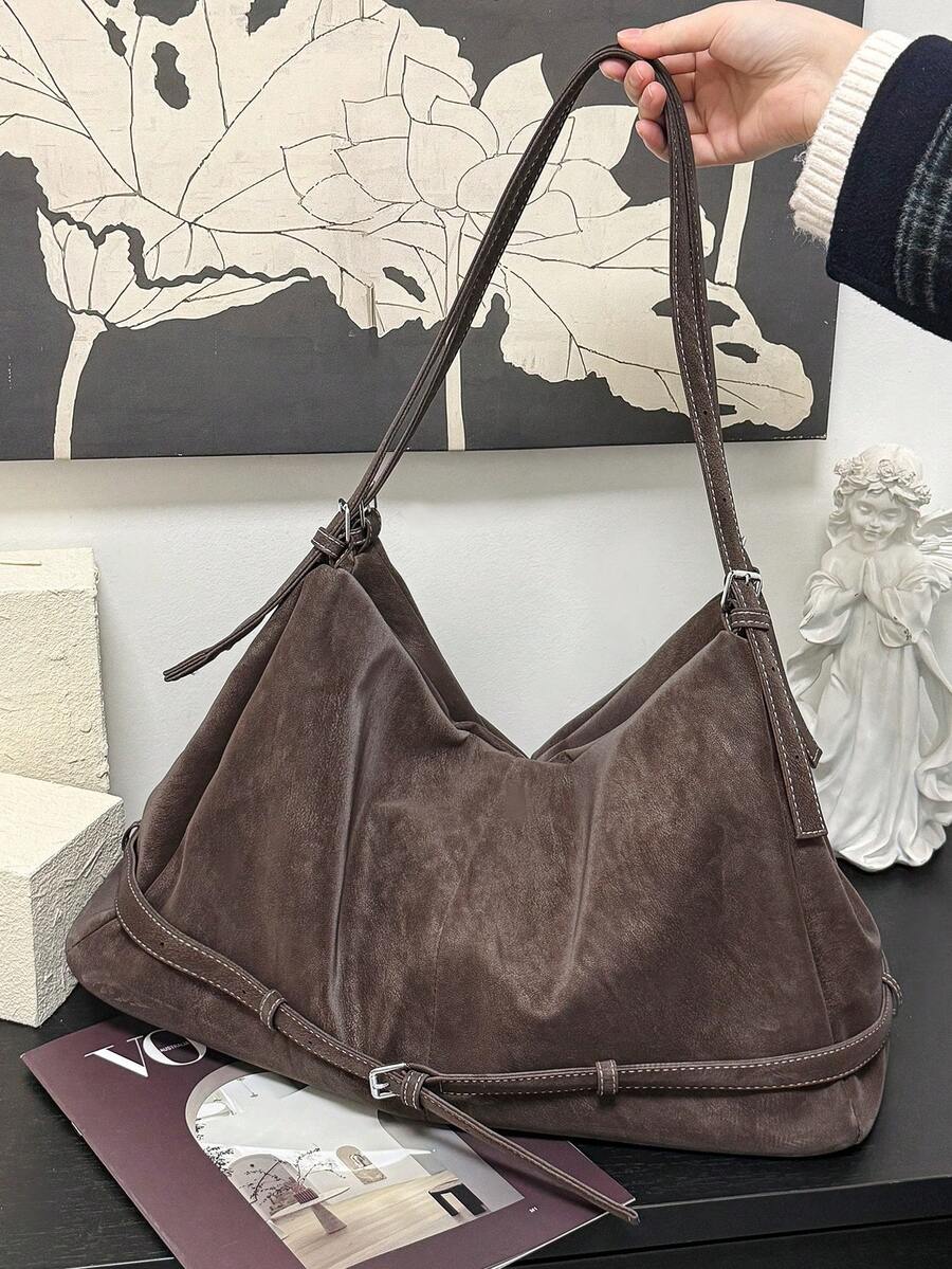 Large Size Shoulder Tote Bags For Women PU Suede Solid Color Big Capacity Shopping Hobo Bag Handbags Luxury Tote Handbag Cross Body Tote Bag For Work, Shopping, Dating, Travel, College Students, Women's Bag, Daily Use - 咖色 - 查看 1