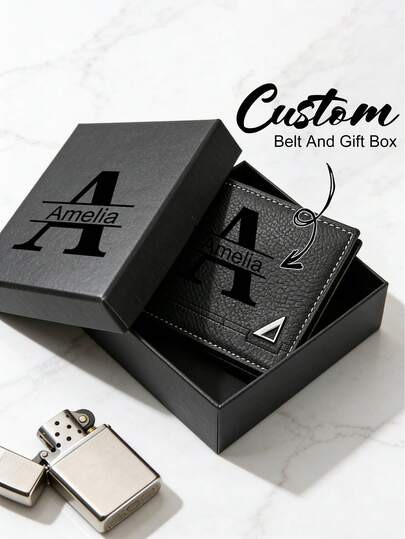 Customizable Gift Box Set Featuring A Men's Solid-Color Short Wallet Made Of PU Leather, Printed With A Letter Pattern, And Presented In A Black Gift Box. It Features A Simple Bi-Fold Design With Multiple Card Slots, Making It A Personalized Gift For Brothers, Fathers, Or Boyfriends, Suitable For Anniversaries, Father's Day, Christmas, And Valentine's Day.