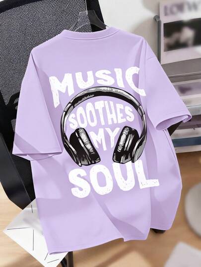 Boys' Casual Stylish Music Artist Headphone Print Round Neck Short Sleeve T-Shirt, Summer New Kids Tops