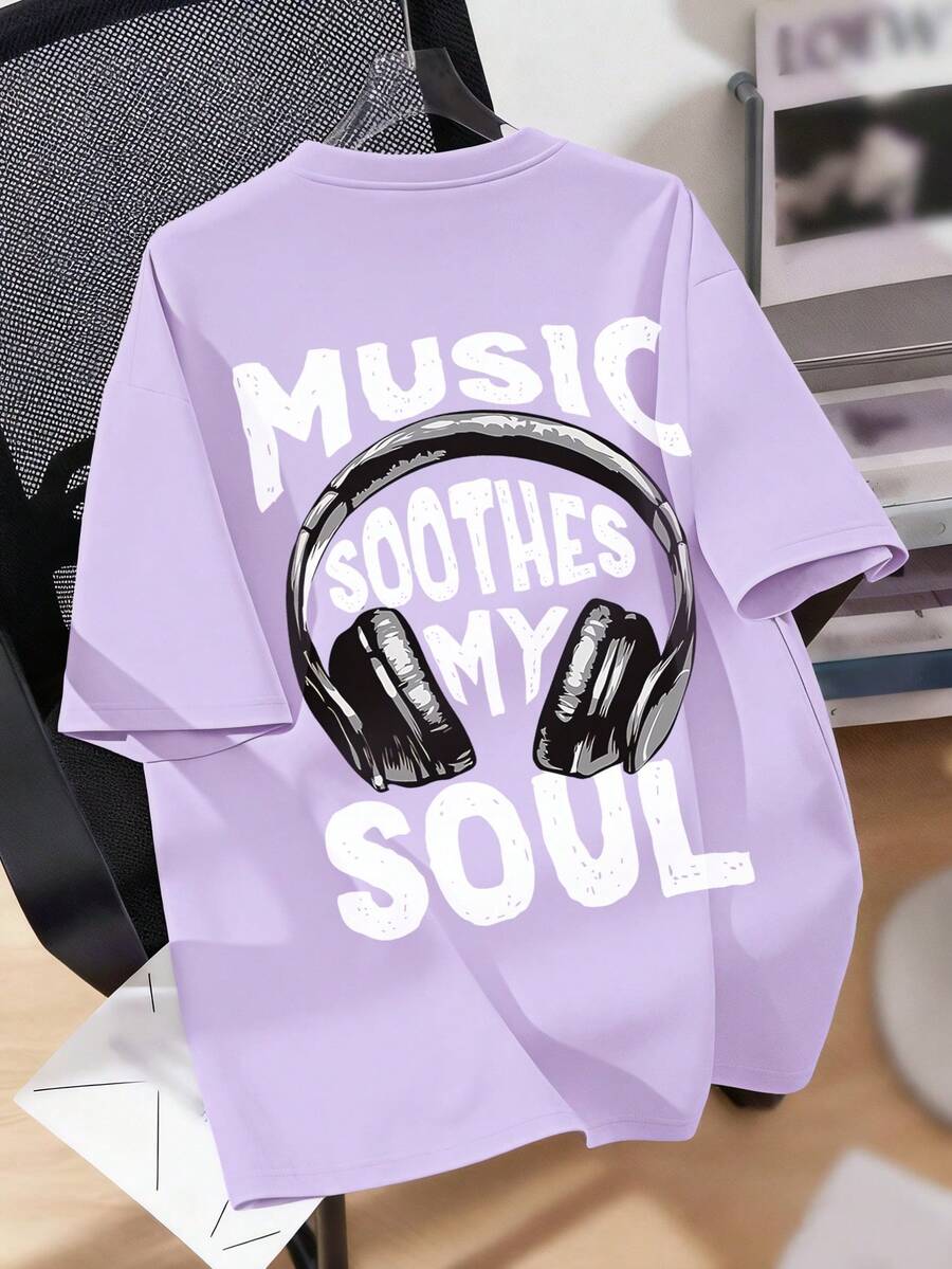 Boys' Casual Stylish Music Artist Headphone Print Round Neck Short Sleeve T-Shirt, Summer New Kids Tops - Mauve Purple - View 1