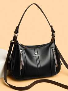 女士复古斜挎包 PU 皮革多功能手提包 可拆卸肩带 休闲托特包 女士日常约会包 - 黑色 - 查看 4