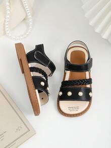 1 Pair Black Soft Leather Toddler/Little Girls' Flat Sandals With Pearl Woven Strap, Hook And Loop Design, Round Toe, Non-Slip Soft Sole, Casual Style, Suitable For 3-15 Years Old Girls, Spring/Summer - Black - View 11