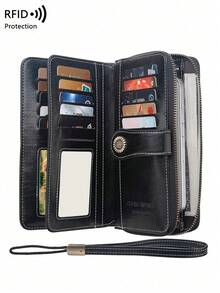 Secure RFID Blocking Large Capacity Three Fold Multi-Card PU Solid Color Zipper Buckle Wallet Multi-Functional Europe And The United States New Retro Women's With Wrist Strap Valentine's Day Gift For Wife And Girlfriend For Women Wallet Purse Wallet Long Wallet - màu đen - Xem 8