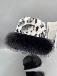 1pc Unisex New Winter Solid Color Tie-Dye Faux Fur Casual Warm Versatile Bucket Hat Vacation Outfits - Leopard Black and White - View 2