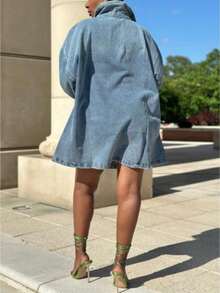 GLOURI Date Night Outfit, Gifts For Her Women's Simple, Fashionable, Versatile Denim Dress With A Lapel And Loose Fit - 藍色 - 查看 3