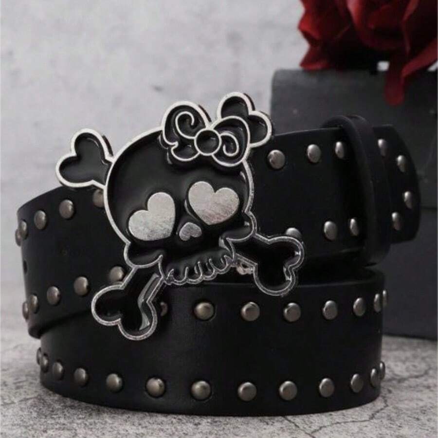 1 chiếc thắt lưng da đen thời trang, cá tính, gợi cảm, phong cách punk, sành điệu, đường phố Y2K, đính đinh tán hình đầu lâu dễ thương và khóa nơ, phù hợp cho các cô gái trẻ phối cùng quần jeans, váy, áo thun, cho các buổi đi chơi thường ngày, tiệc tùng, dạ hội, làm điểm nhấn trang trí, hoạt động ngoài trời. - màu đen - Xem 1