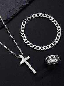 7pcs/Set ,3pcs/Set ,2pcs/Set Men's Cross Pendant Necklace, Hollow Chain Bracelet, And Ring Set, Stainless Steel, Non-Allergenic, Non-Fading, Sports, Business, Luxury Casual Gifts - Multicolor - View 11
