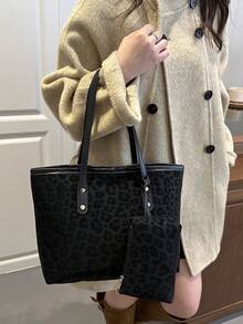 Bolso de mano de estilo minimalista con parches y estampado de leopardo falso, decoración con hebilla de color contrastante, set de 2 piezas de gran capacidad y versátil, bolso bandolera, adecuado para uso diario, compras, todo el año, opción práctica y de estilo minimalista para mujeres - Multicolor - Ver 5