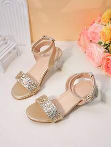 New Arrival! Girls' Gold Sequin High Heel Sandals, Transparent Square Heel Princess Shoes, Non-Slip Strap - Gold - View 3