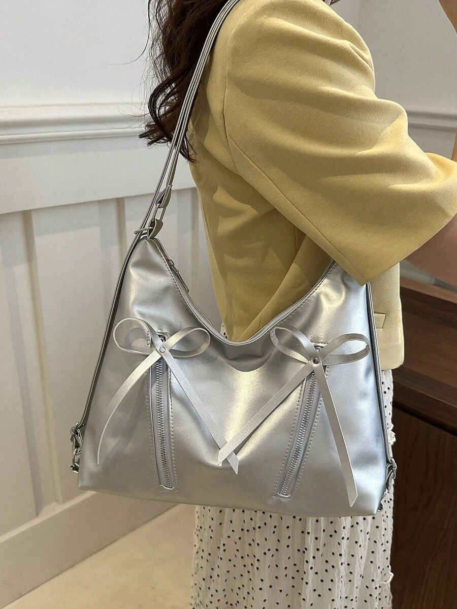 女士PU单肩包，时尚百搭斜挎包，手提包，托特包 - 銀色 - 查看 1