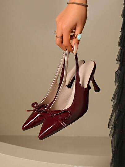 Women's Fashion Burgundy Patent Leather Bow Decor Elastic Back Strap Pointed Toe Stiletto High Heels, Suitable For Commuting, Office, Party, Date Night, Pair With Long Dress, Short Skirt, Jumpsuit