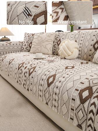 Capa de almofada para sofá em chenille estilo boêmio (1 peça), capa universal para assento de sofá para todas as estações, almofada de sofá moderna e minimalista antiderrapante, capa de sofá à prova de poeira e lavável, cor café escuro, macia e resistente ao desbotamento, capa protetora ideal para quem tem animais de estimação, ajustável para sofá de canto, adequada para móveis combinados de quarto, escritório e sala de estar, sofá em L e sofá de 1/2/3/4 lugares.