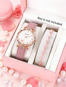 2pcs/Set Girls' Elegant Fashion Cute Floral Dial Quartz Watch With Floral Bracelet, Suitable For Girls' Daily Wear, Perfect For Girls' Party, Back To School, Vacation, Travel, Birthday, Holiday Decoration, Christmas Gift For Girls, Ideal Gift For Girls, Girls' Accessory - Multicolor - View 5