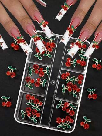 Étui 6 fentes de 30 pièces de strass 3D pour ongles, breloques de clous en alliage de zinc style cerise, fournitures de pierres précieuses pour ongles.