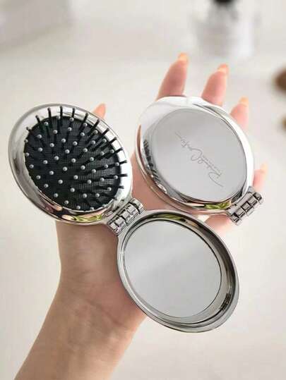 1 pièce/3 pièces Peigne ovale pliable argenté brillant avec miroir intégré, design compact et portable, unisexe