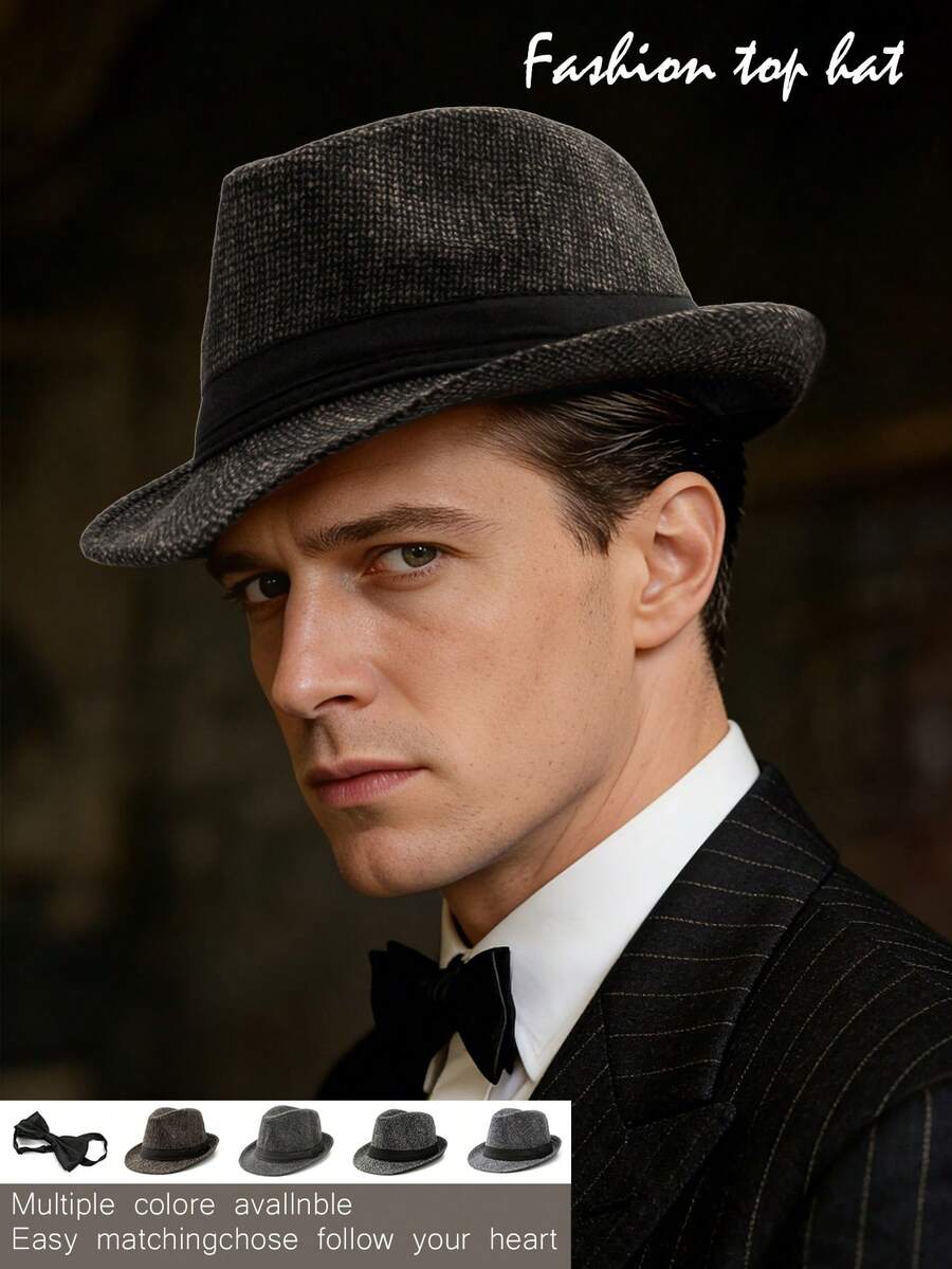 1顶秋冬休闲复古涤纶毡帽，柔软羊毛软呢帽，男士绅士帽，简约时尚百搭日常通勤帽，适合派对、西部主题活动、聚会、角色扮演、化装舞会、节日、生日庆典、音乐节、旅行和徒步等场合。 - 禮帽 - 查看 1