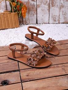 女士时尚圆头花卉绑带露趾平底凉鞋 - 棕色 - 查看 7