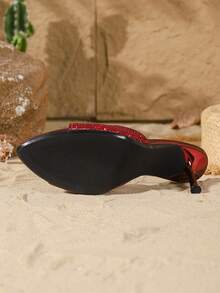 On feet& in love 女士时尚优雅亮片尖头绑带露趾拖鞋,适合搭配连衣裙和高跟鞋 - 紅色 - 查看 8