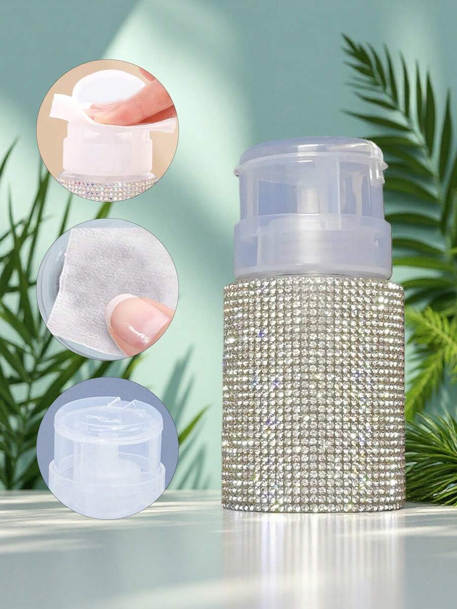 1pc 200ml Rhinestone Decorated Cosmetic Refillable Bottle, Suitable For Toner, Makeup Remover, Nail Polish Remover - Plastic Material, Independent Pump Bottle, No Electricity Required - Multicolor - View 1