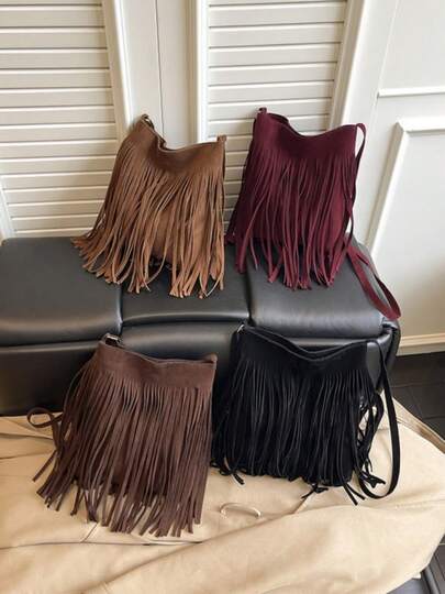 Women's Bohemian-Style Tassel Crossbody Bag, Retro Tassel Shoulder Bag, Fashionable Women's Accessory, Casual Commuting Storage Bag, Suitable For School, Work, Business, Commuting, Outdoor Activities, Travel, Picnics, Available In Burgundy, Black, Military Green And Coffee Brown, Retro Women's Bag, A Must-Have Item For Bohemian Style Outfits.