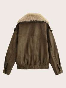 纯色仿麂皮毛领外套，秋冬季 - 軍綠色 - 查看 2