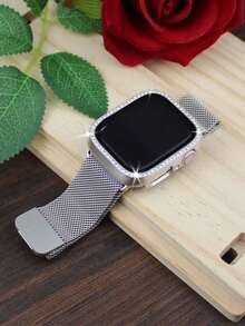 Compatible With Watch Band And Combo.Stylish And Casual, Both Men And Women.Featuring A Soft, Breathable, Adjustable, Loop-Shaped Stainless Steel Woven Magnetic Clasp Band With A Sparkling-Encrusted, Drop-Resistant, And Scratch-Resistant Pc And Tempered Glass Protective Film, This Two-In-One Is Compatible With Watch Series Ultra/11/10/9/8//6/5/4/3/Se, With 38/40/41/42/44/45//49mm Bands And Cases. - Hồng ánh sao - Xem 5