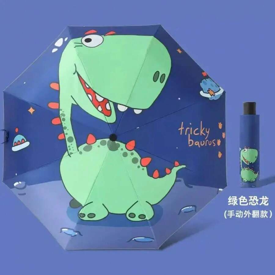 Paraguas automático de dinosaurio, protección solar y borde de viento, diseño de tira reflectante, paraguas plegable de viaje Patrón aleatorio enviado - niña - Ver 1