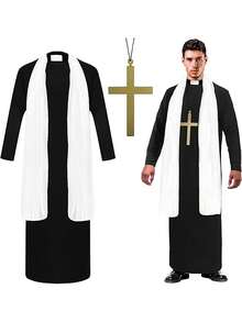 成人男士牧师服装套装，包括牧师长袍（白色）和十字架，适合化装舞会和活动装饰。 - 彩色 - 查看 1