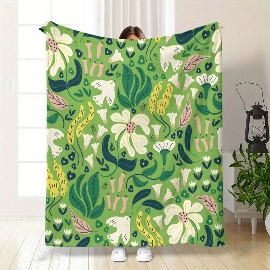 1pc JIT Green Spring Floral Pattern Printed Blanket, Washable, Flannel Knitted Blanket, Home Bedroom Office Shawl Leg Cover Conditioning Blanket, All-Season Multi-Purpose Warm Blanket - Grey - View 1
