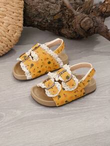 1 Pair Girls Ditsy Floral Open Toe Beach/Princess Sandals, Summer - Orange - View 4