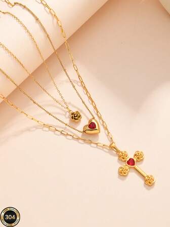 3 st/set 2026 nya rostfria stålhalsband med rosblomma, rött hjärta och roskors, stapel smyckeset för kvinnor, flickvän, bästa vänner, mamma, mors dag. Alla hjärtans dag-present