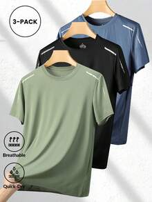 3pcs Men's Ice-Feel Adventure T-Shirts - Quick-Dry, UPF Sun Protection, Suitable For Outdoor Running And Hiking Sports - Green - View 1