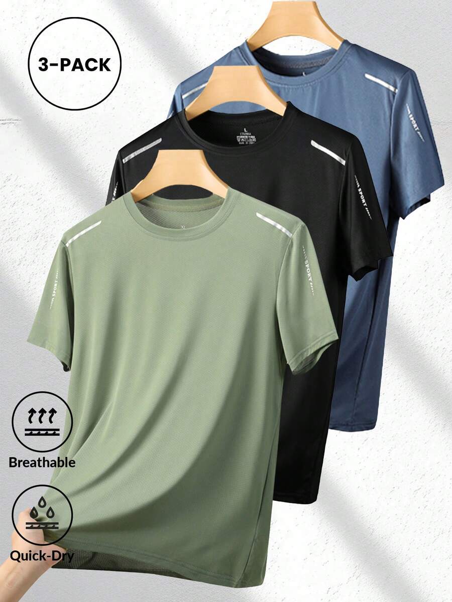 3pcs Men's Ice-Feel Adventure T-Shirts - Quick-Dry, UPF Sun Protection, Suitable For Outdoor Running And Hiking Sports - Green - View 1