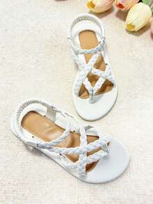 1 Pair Fashion Children's Sandals, Boys & Girls Flat Thong Sandals With Woven Strap Design, Stylish & Comfortable, Wear-Resistant & Non-Slip, Suitable For Casual Daily Wear, Vacation, Outings And Gatherings, Summer Bestselling Sandals. - Beige - View 2