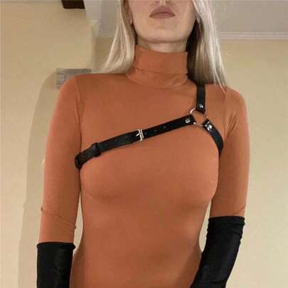 1件装女士优雅黑色PU皮革胸衣式束身带，街头风身体装饰肩带，适合日常通勤、假日派对、服装配饰