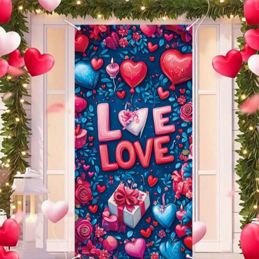 Charming Valentine's Day Porch Banner | Heart & Floral Design, Durable Polyester Outdoor Decor, Party Decoration - Multicolor - View 1
