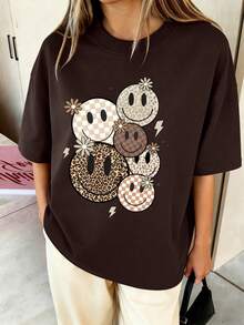 女童短袖T恤，印有笑脸图案，休闲时尚童装，女童服装 - 棕色 - 查看 9