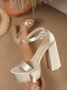 Women's Leopard Print Ankle Strap Chunky Heel Party Sandals, Sexy Open Toe Backless Solid Color High Heels, Fashion Summer Princess Style - Yellow - View 3