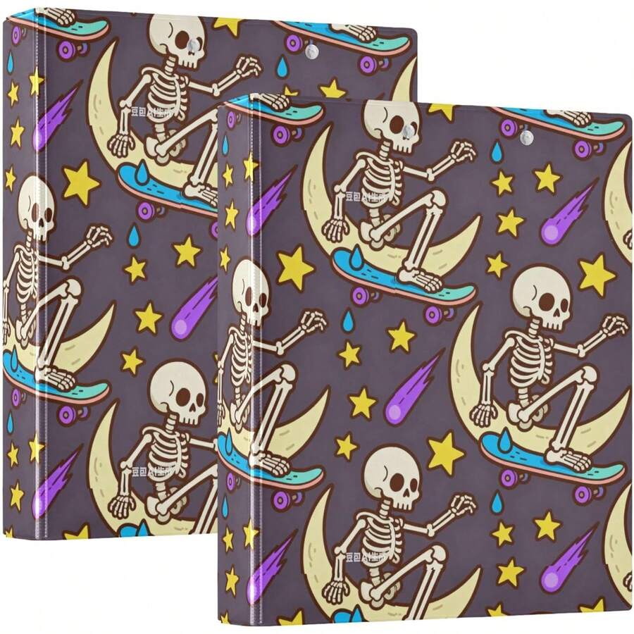 Esqueleto patrón de monopatín anillos redondos de 1 y 1/2 pulgadas con portapapeles paquetes de 1/2 carpetas universitarias para estudiantes de tapa dura - multi - Ver 1