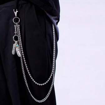 1개 유니섹스 스트리트 스타일 바지 체인/허리 체인, 실버 깃털 & 터키석 펜던트 포함, 개성있는 레트로 장식용, 데일리 외출 & 패션 파티에 적합.