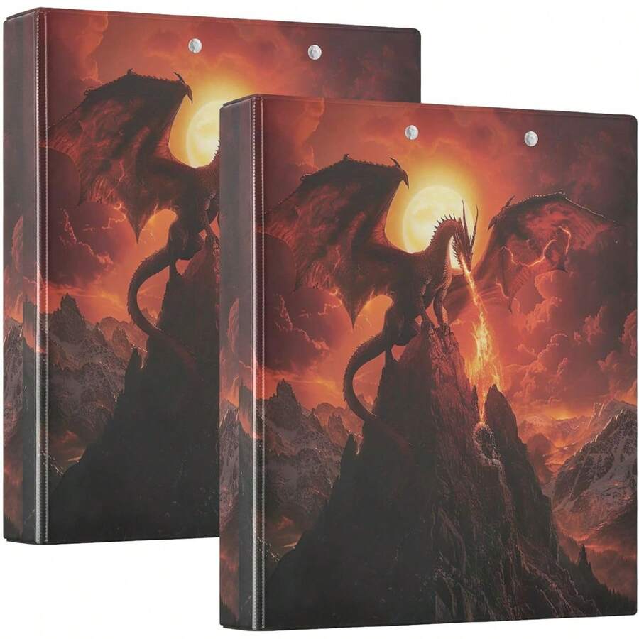 Carpeta de 3 anillos impresa de 1.5 pulgadas, carpeta de anillos en D con bolsillos, carpetas decorativas para la escuela universitaria u oficina, dragón que respira fuego - talla únicax2 - Ver 1