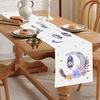 1 Piece Of Ramadan Themed Table Runner, Elegant Ramadan Golden Lantern Design - Star Moon New Moon And Lantern Pattern, Durable Polyester Rectangular Tablecloth, Suitable For Kitchen, Restaurant, Party And Home Decoration, Rural Festival Decoration, Various Sizes To Choose From, Ideal As A Gift.