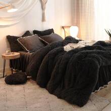 Luxury Plush Shaggy Duvet Cover Set Black Comforter Cover Sets 3 Pieces 1 Faux Fur Duvet Cover +2 Pillowcases Fluffy Black Bedding Sets Solid Color (Black Queen) - Black - View 6