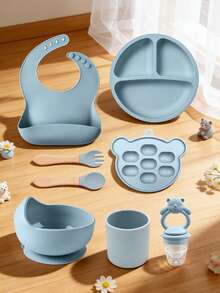 8pcs Baby Feeding Set, Silicone Tableware, Bib, Plate, Bowl, Cup, Fork & Spoon, Fruit & Vegetable Teether, Ice Tray - Multicolor - View 1