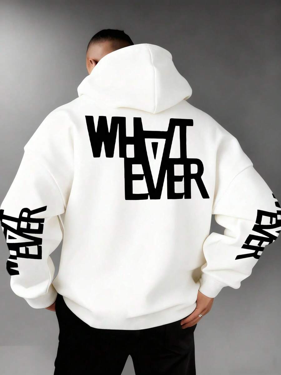 男士休闲印花宽松连帽卫衣，街头时尚 - 白色 - 查看 1