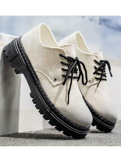 Men's Relaxed Vintage Canvas Casual Shoes, Contrast Color Thick Sole Elevator Shoes, Black Rope Lace-Up Street Style Shoes, Soft Leather Upper Anti-Slip Rubber Sole, Suitable For Daily Commute, Street Wear, Versatile Design To Match Multiple Outfits