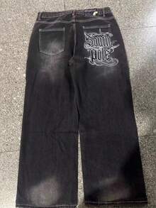 2026 Y2K Men's Wide Leg Jeans Dark Wash Letter Print Street  Trousers - BW1024印花 - 查看 3